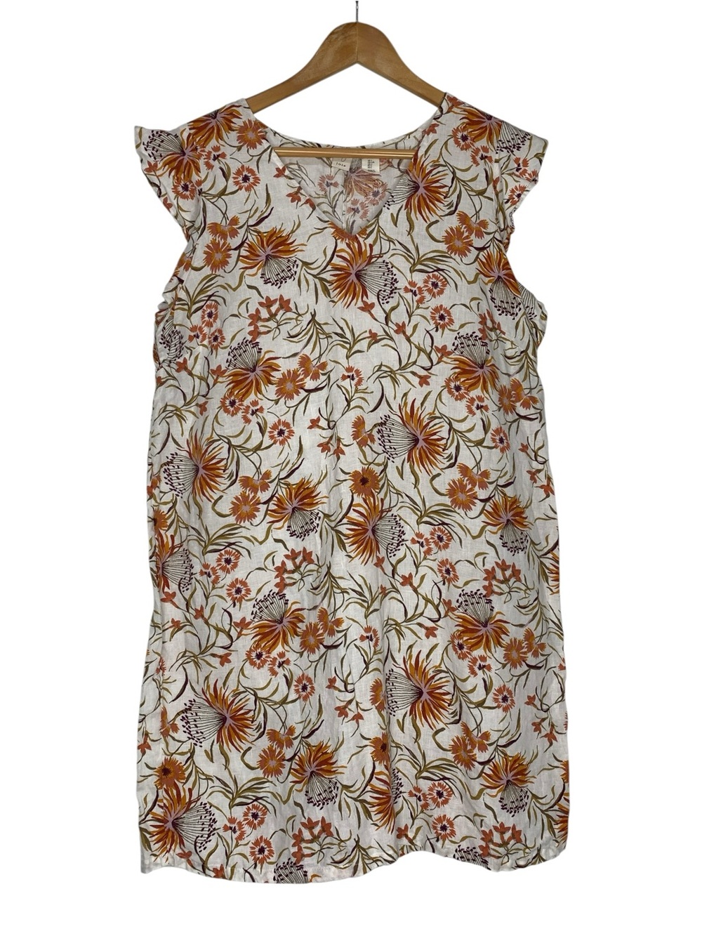 Joie 100% Linen Floral Shift Dress V-Neck Ruffle Sleeve Boho Cottagecore